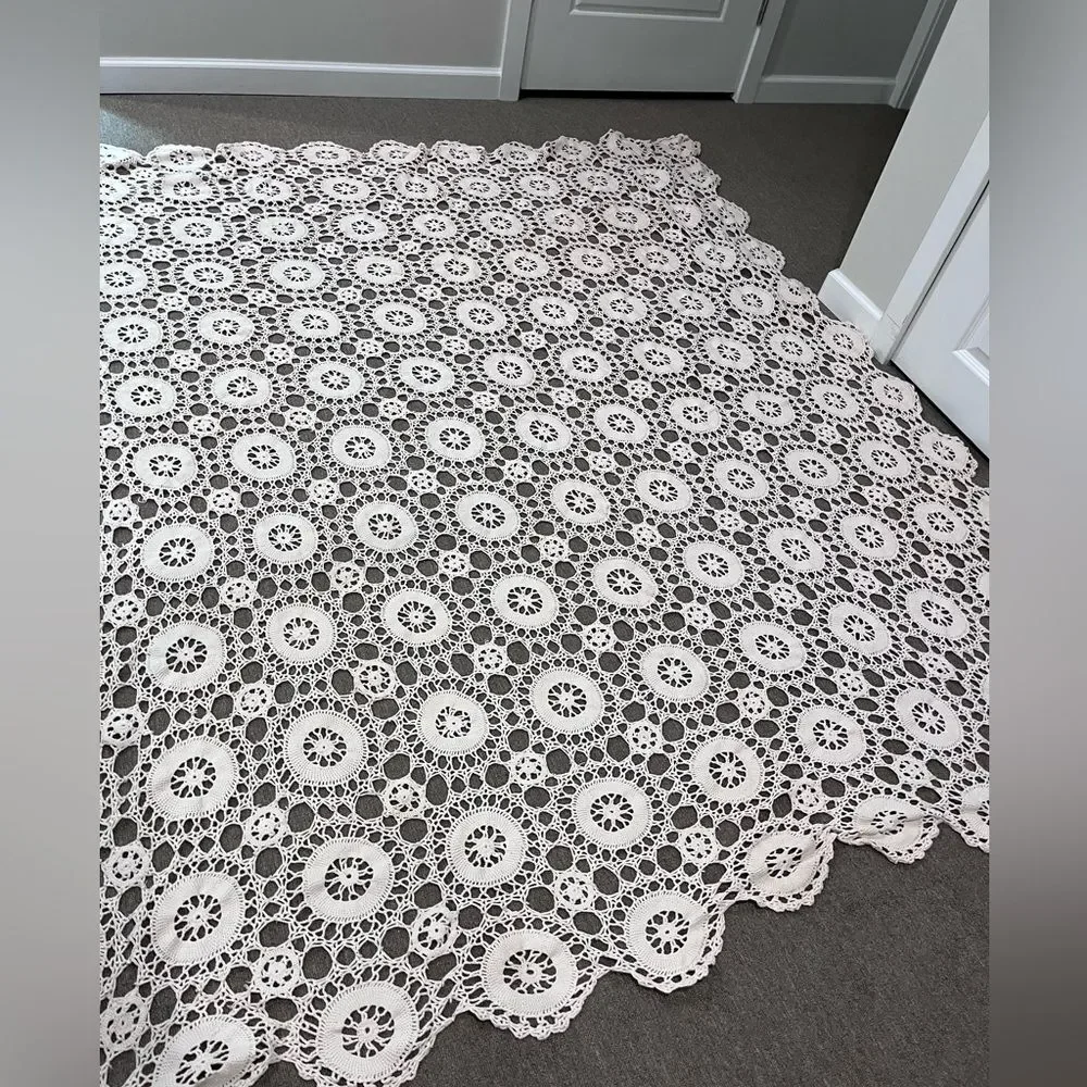 Vintage Hand Crocheted Grandma's Tablecloth, Cotton Handmade White 73x83